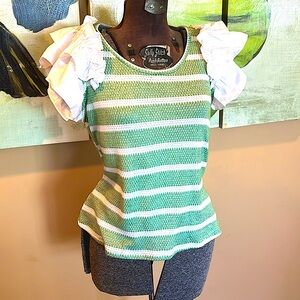 Nwt JohnPaulRichard Light green & white ruffle sleeve Knit Top szL stretchy soft
